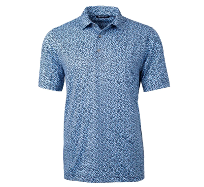 Cutter & Buck Pike Magnolia Print Stretch Men's Polo  Atlas/Navy Blue